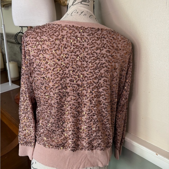 American Eagle Outfitters Rose Gold Sequin Shimmer Sparkle 3/4 Sleeve Cardigan - Picture 6 of 9